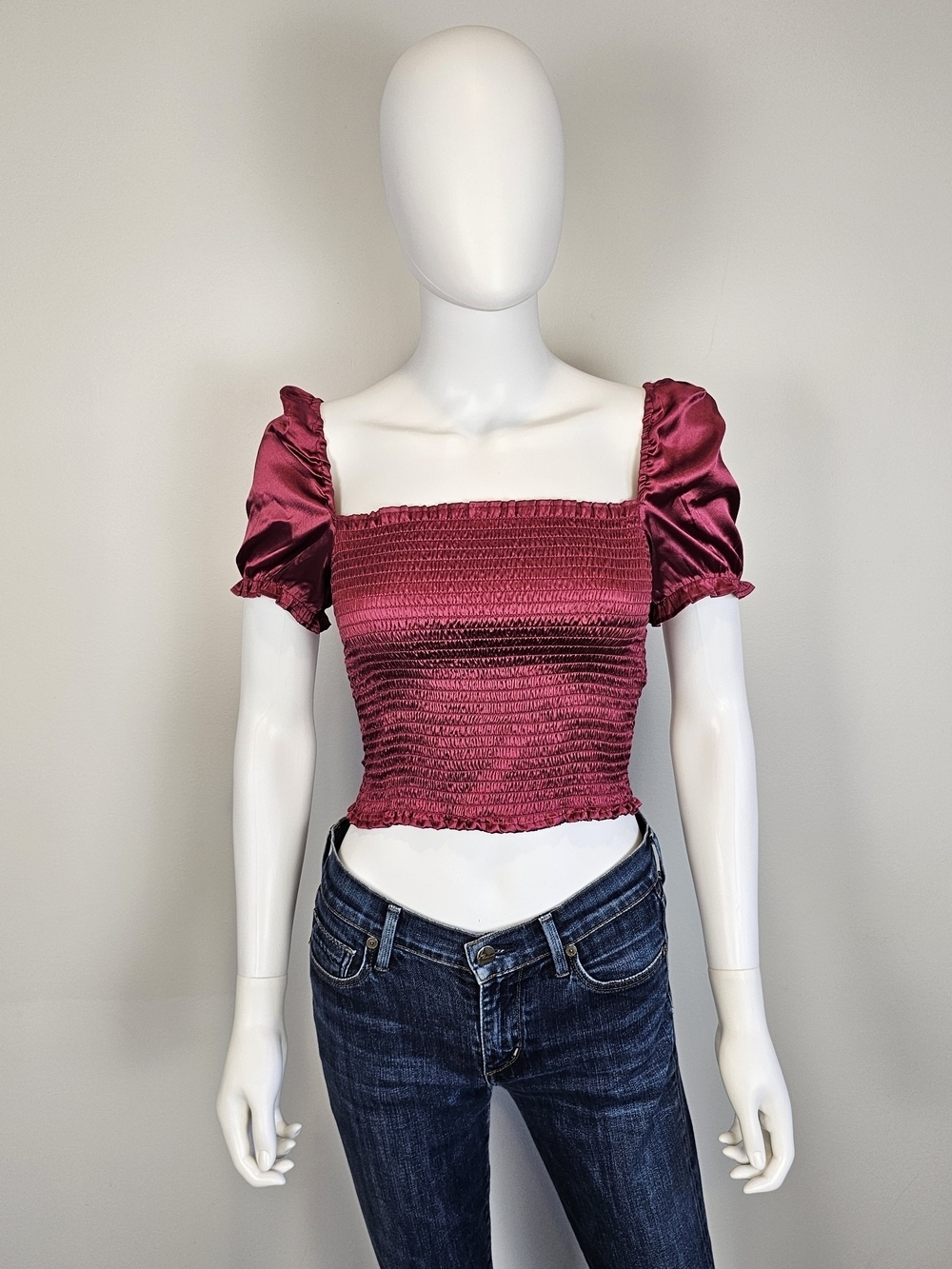 Urban Outfitters Satin Puff-Sleeve Magenta Smocked Crop Top Sz S
